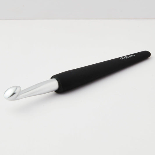 Crochet en aluminium argenté KnitPro, crochet à une extrémité avec poignée noire douce au toucher