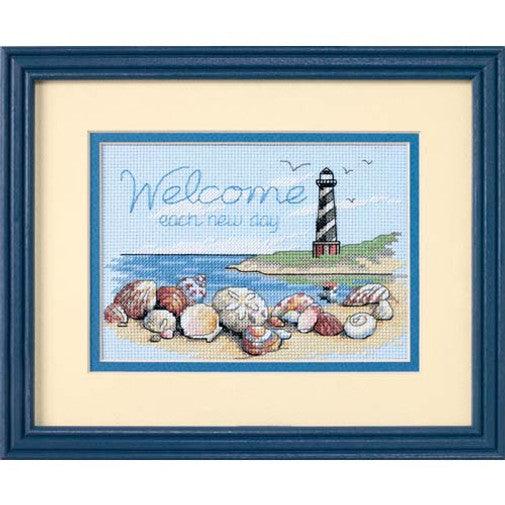 WELCOME EACH NEW DAY, Counted Cross Stitch Kit, 14 count light blue Aida, DIMENSIONS (65032)
