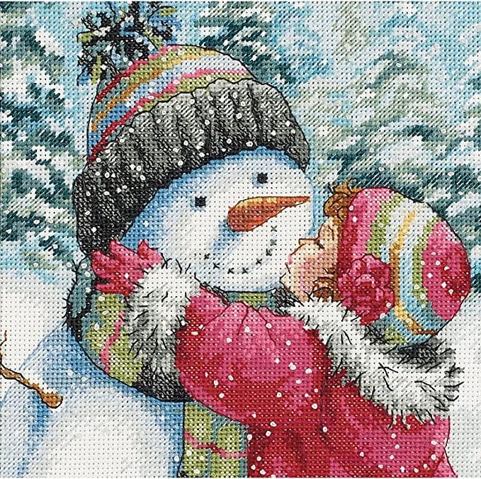 A KISS FOR SNOWMAN, Counted Cross Stitch Kit, 18 count white cotton Aida, DIMENSIONS (70-08833) - Leo Hobby