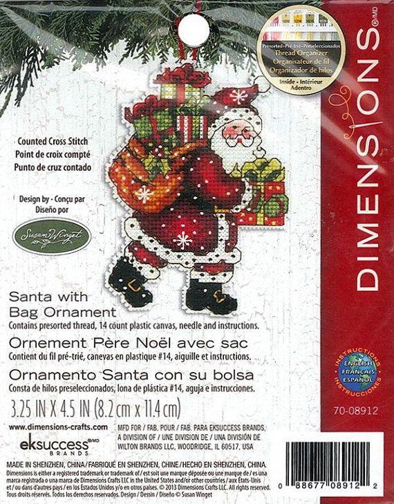 SANTA WITH BAG ORNAMENT, Counted Cross Stitch Kit, 14 count plastic canvas, size 3,25" x 4,5", DIMENSIONS (70-08912) - Leo Hobby