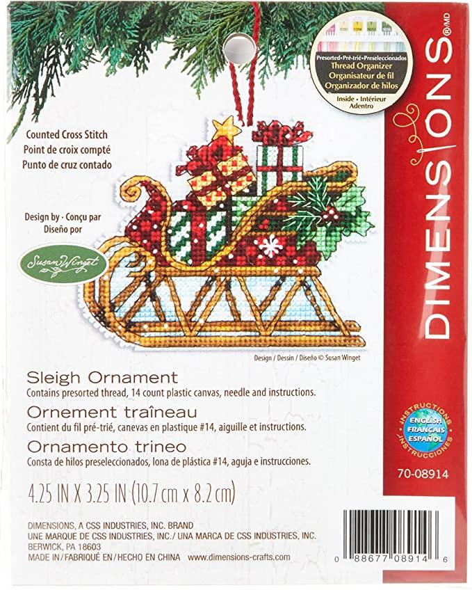 SLEIGH ORMANENT, Counted Cross Stitch Kit, 14 count plastic canvas, size 4,25" x 3,25", DIMENSIONS (70-08914)