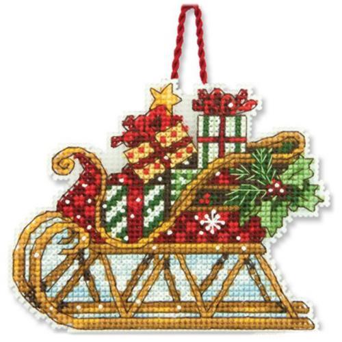 SLEIGH ORMANENT, Counted Cross Stitch Kit, 14 count plastic canvas, size 4,25" x 3,25", DIMENSIONS (70-08914) - Leo Hobby