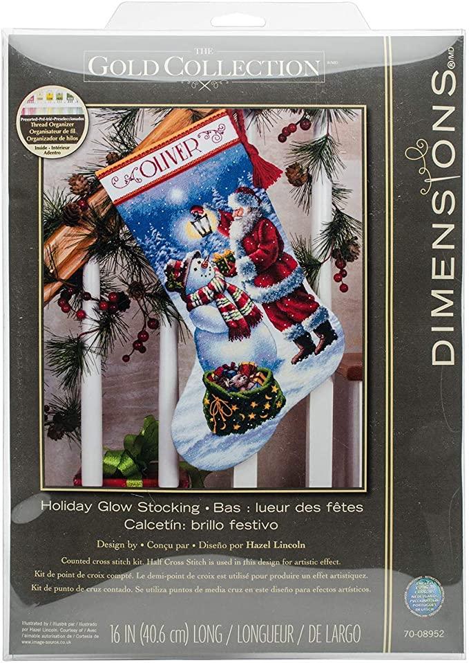 HOLIDAY GLOW STOCKING, Counted Cross Stitch Kit, 18 count white Aida, long 16" (41 cm) , DIMENSIONS (70-08952) - Leo Hobby