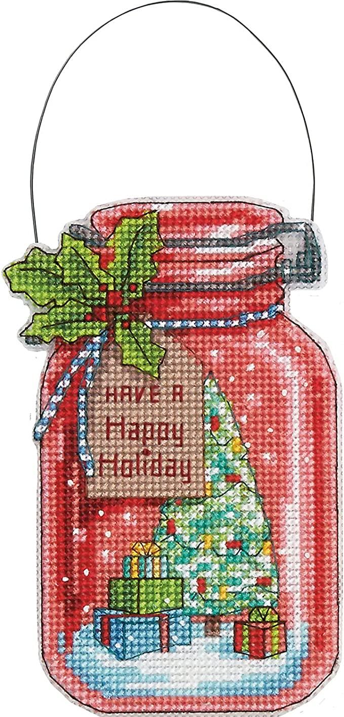 CHRISTMAS JAR ORNAMENTS, Counted Cross Stitch Kit, set of 4, 14 count clear plastic canvas, finished size 7-1/2" tall with hanger, DIMENSIONS (70-08964) - Leo Hobby