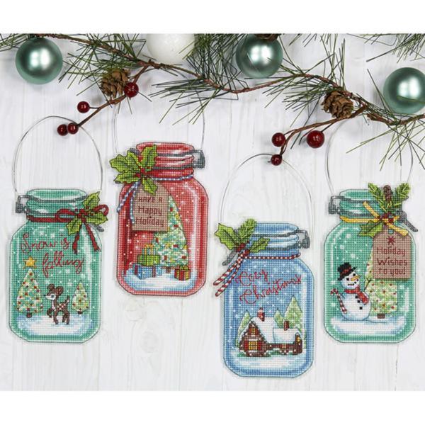 CHRISTMAS JAR ORNAMENTS, Counted Cross Stitch Kit, set of 4, 14 count clear plastic canvas, finished size 7-1/2" tall with hanger, DIMENSIONS (70-08964)