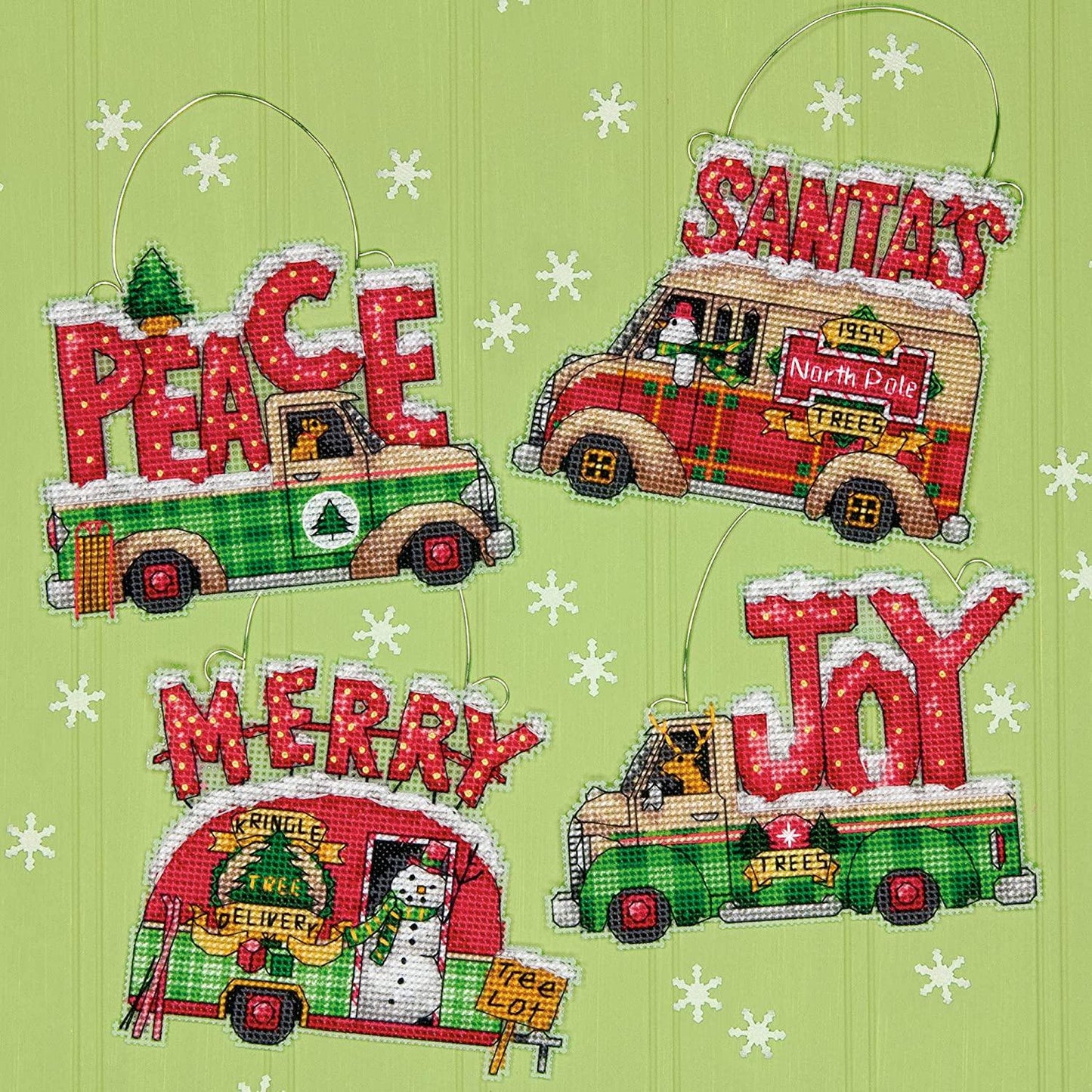 HOLIDAY TRUCK ORNAMENTS, Counted Cross Stitch Kit, 14 count clear plastic canvas, DIMENSIONS (70-08974) - Leo Hobby