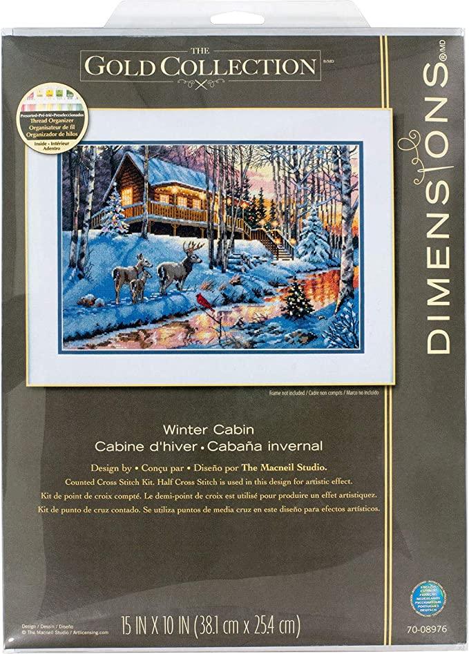 WINTER CABIN, Counted Cross Stitch Kit, 16 count grey Aida, DIMENSIONS, Gold Collection (70-08976)