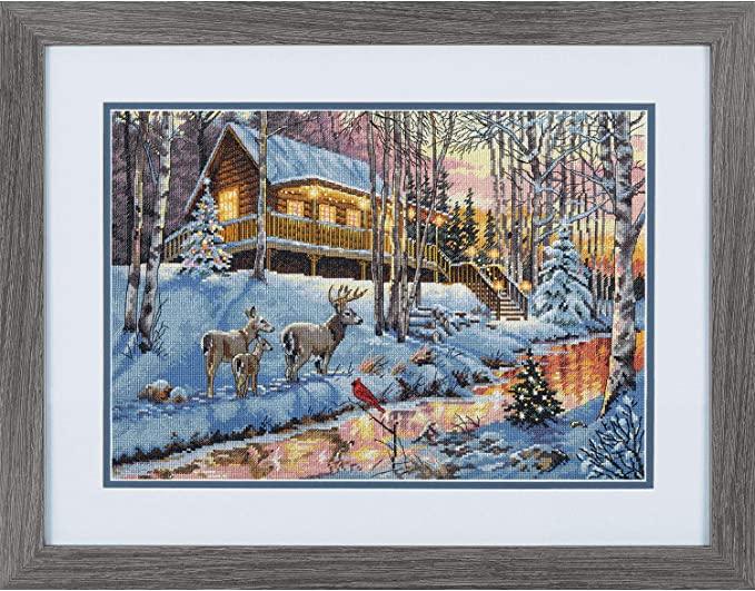 WINTER CABIN, Counted Cross Stitch Kit, 16 count grey Aida, DIMENSIONS, Gold Collection (70-08976) - Leo Hobby