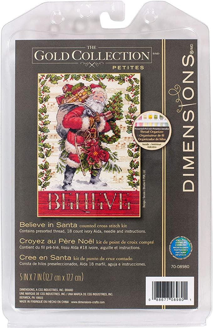 BELIEVE IN SANTA, Counted Cross Stitch Kit, 18 count ivory Aida, DIMENSIONS, Gold Collection (70-08980) - Leo Hobby