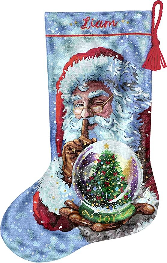 SANTAS SNOW GLOBE STOCKING, Counted Cross Stitch Kit, 16 count grey Aida, size 16" 41 cm long, DIMENSIONS, Gold Collection (70-08985) - Leo Hobby