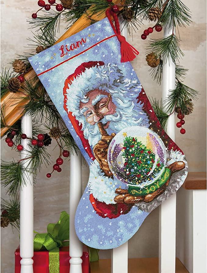 SANTAS SNOW GLOBE STOCKING, Counted Cross Stitch Kit, 16 count grey Aida, size 16" 41 cm long, DIMENSIONS, Gold Collection (70-08985)