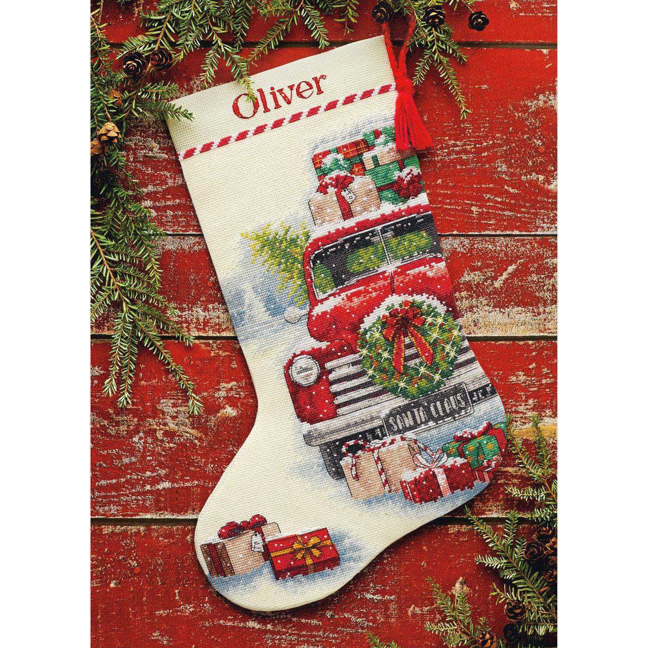 SANTA'S TRUCK STOCKING, Counted Cross Stitch Kit, 14 count ivory Aida, size 16" long, DIMENSIONS (70-08986)