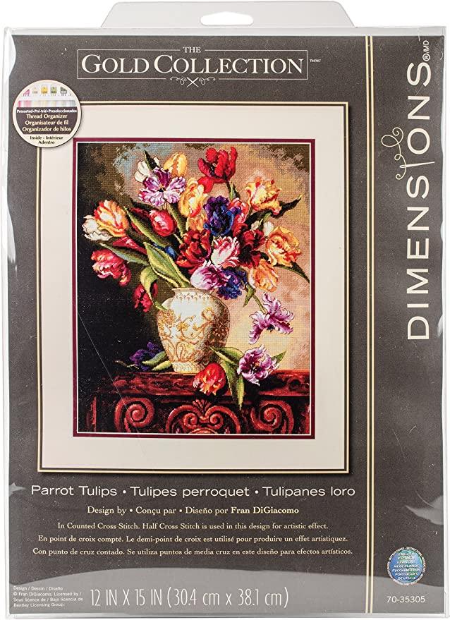 PARROT TULIPS, Counted Cross Stitch Kit, 18 count beige Aida, DIMENSIONS, Gold Collection (70-35305) - Leo Hobby