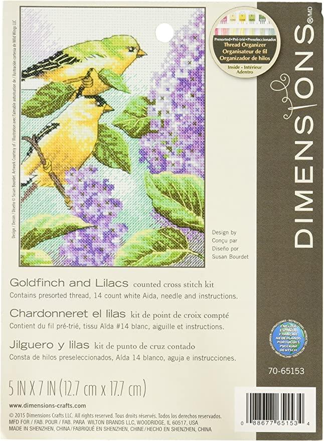 GOLDFINCH AND LILACS, Counted Cross Stitch Kit, 14 count white Aida, DIMENSIONS (70-65153) - Leo Hobby