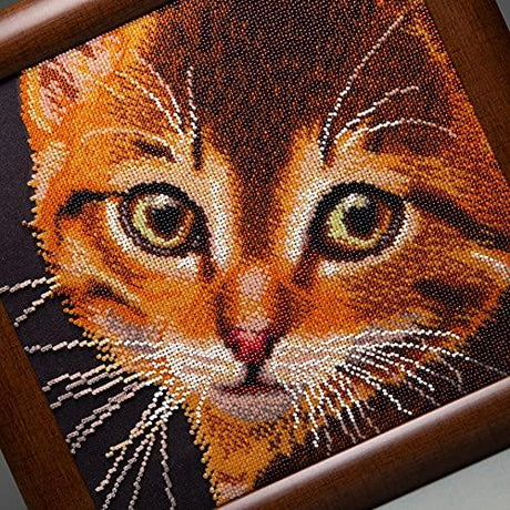 Close-up of detailed beadwork featuring a playful red kitty.