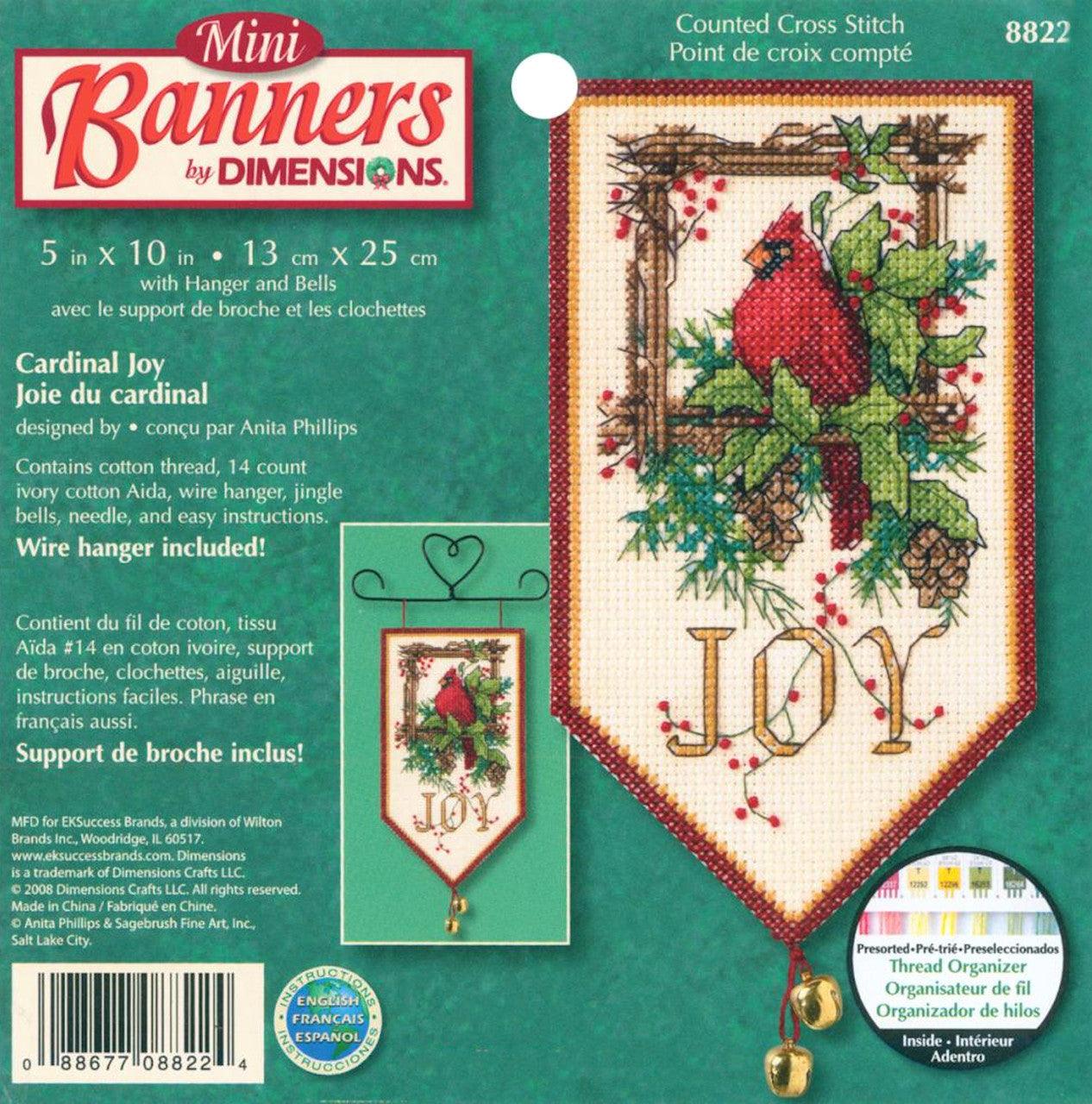 CARDINAL JOY MINI BANNER, Counted Cross Stitch Kit, 14 Count Ivory Cotton Aida, DIMENSIONS (08822)