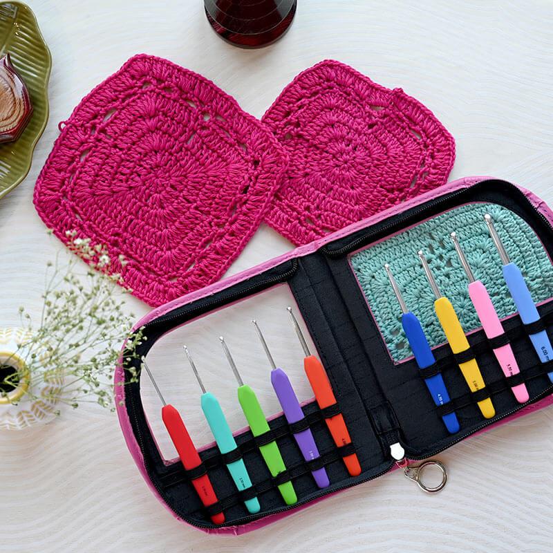 KnitPro Waves Aluminium Crochet Hook Set of Colorful crochet hooks - Single Ended Packed in Pink Case (30922) - Leo Hobby