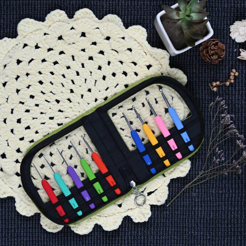 KnitPro Waves Aluminium Crochet Hook Set of Colorful crochet hooks - Single Ended Packed in Fluorescent Green Case (30921) - Leo Hobby